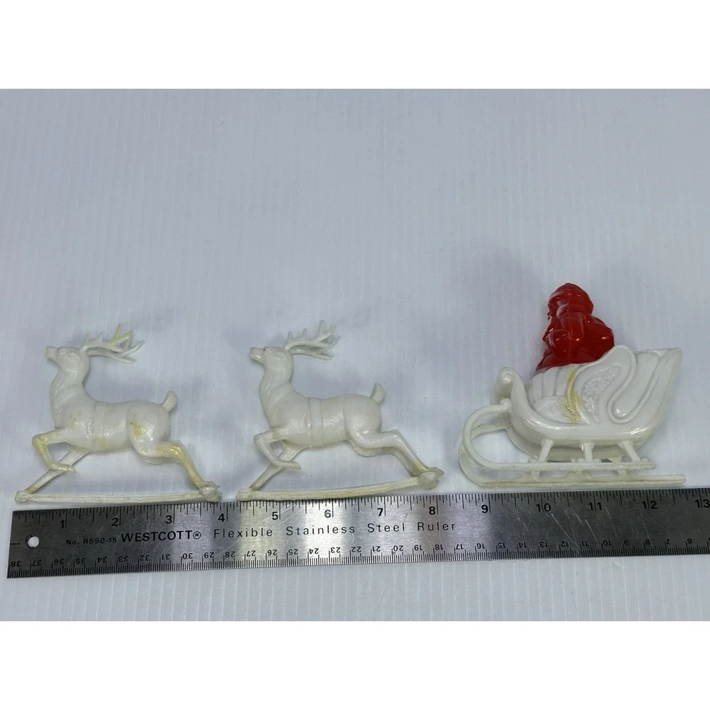 Vintage Christmas Hard Plastic Santa Sleigh Two White  Reindeer Candy Holder